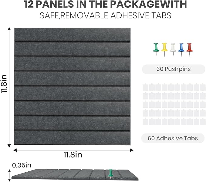 Large Cork Board Alternative 48” X 36” Felt Bulletin Board Tiles, with 30 Pushpins, 60 Adhesive Tabs,12-Pack Slat Wall Paneling, Cork Boards for Office Push Pin Board Felt Board - Dark Gray