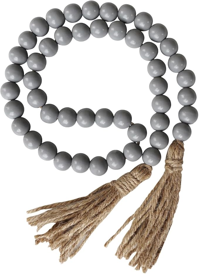 Boho Decor Wood Beads Garland Farmhouse Wall Hanging Decorations Natural Wooden Bead Tassel Decorative for Coffee Table Christmas and Prayer (Gray, 39")