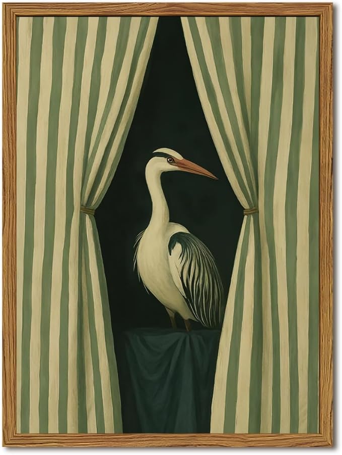 Framed Moody Heron Wall Art, Eclectic Vintage Bird Pictures Wall Decor Paintings, Surreal Whimsical Animal Canvas Prints Unique Humorous Home Decor for Living Room Bedroom Bathroom 16x24 inch