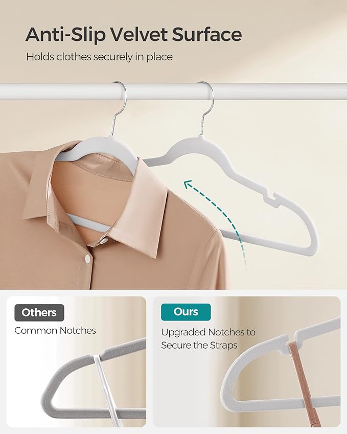 SONGMICS Velvet Hangers 100 Pack, Non-Slip Clothes Hangers with Shoulder Notches, Pants Bar, 360° Swivel Hook, Space-Saving, for Closet, Cloud White UCRF029W010
