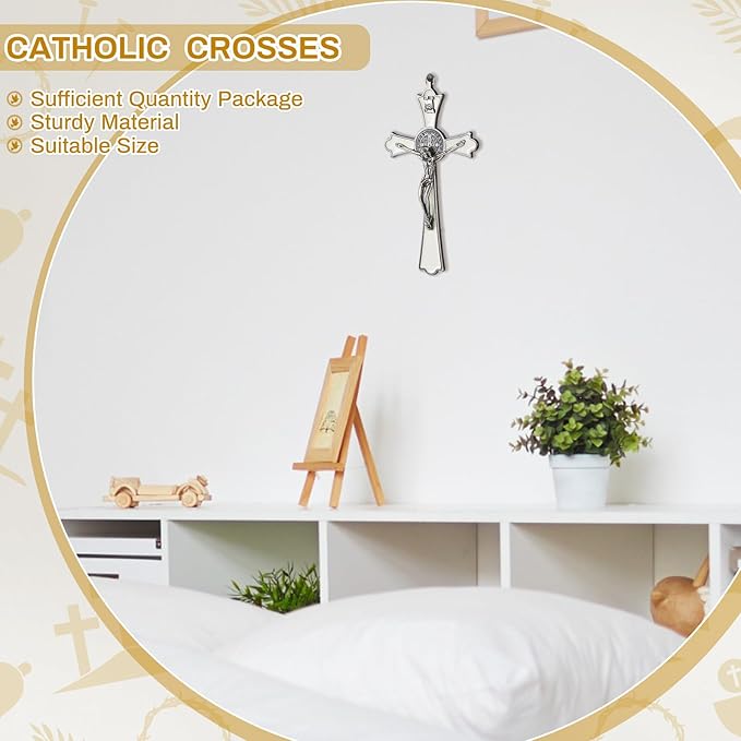 Leinuosen 6 Pcs Crucifix Wall Cross 8 Inch Saint Benedict Enamel Crucifix Metal Sacred Catholic Cross Saint Benedict Metal Wall Art for Spiritual Faith Gift Blessing Baptism Rosary Holy Decor