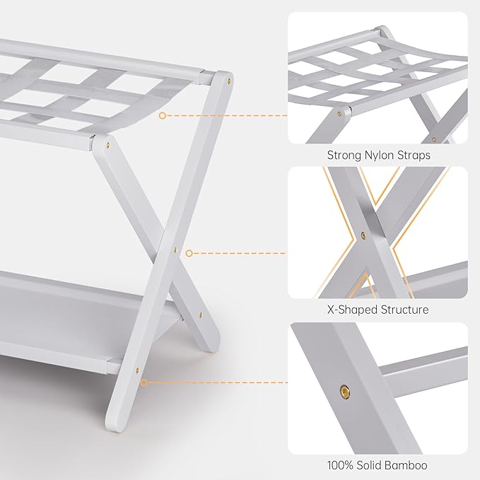 HITNET White Luggage Rack, Folding Suitcase Stand, Bamboo Luggage Holder with Storage for Guest Room Bedroom Hotel