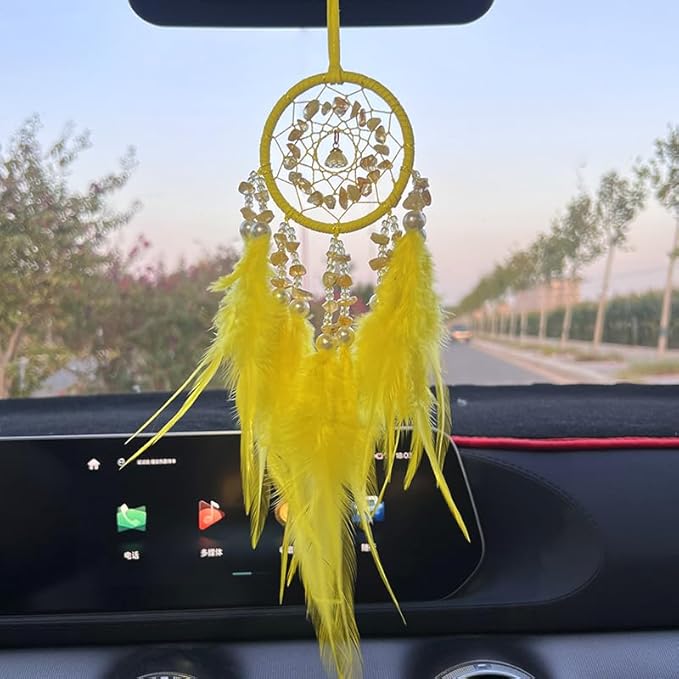 Small Dream Catcher for Car Handmade Boho Hanging Decor for Car Interior Rear View Mirror Feathers Dream Catchers Charms Ornament(Yellow)