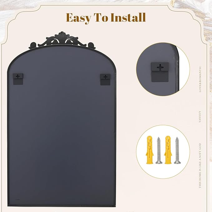 VooBang Vintage Arched Bathroom Mirror, 24x36 Inch Retro Wall Mounted Vanity Mirror with Carved Pattern Top and Metal Frame, Black Decorative Mirror for Hanging or Leaning