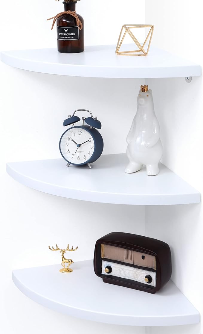 Marsmiles Floating Shelves Set of 3 | Wall Shelves | Wall Mounted Storage Display Shelving for Bathroom, Bedroom, Living Room, Kitchen | 12-4/5" D x 12-4/5" W | Fan-Shaped, Simply White