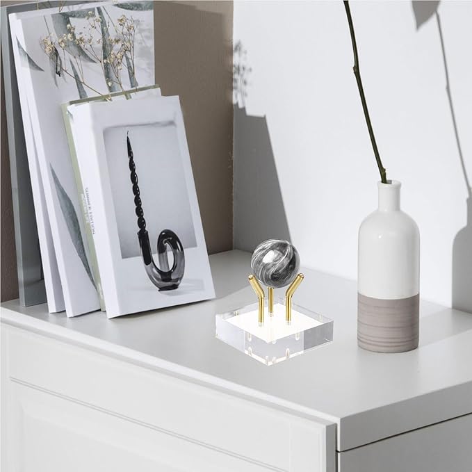 Hipiwe Gold Metal Arm Display Stand Easel with Acrylic Base Small Display Easel Holder for Sphere Crystal Ball Mineral Geodes Rock Seashell, Medium