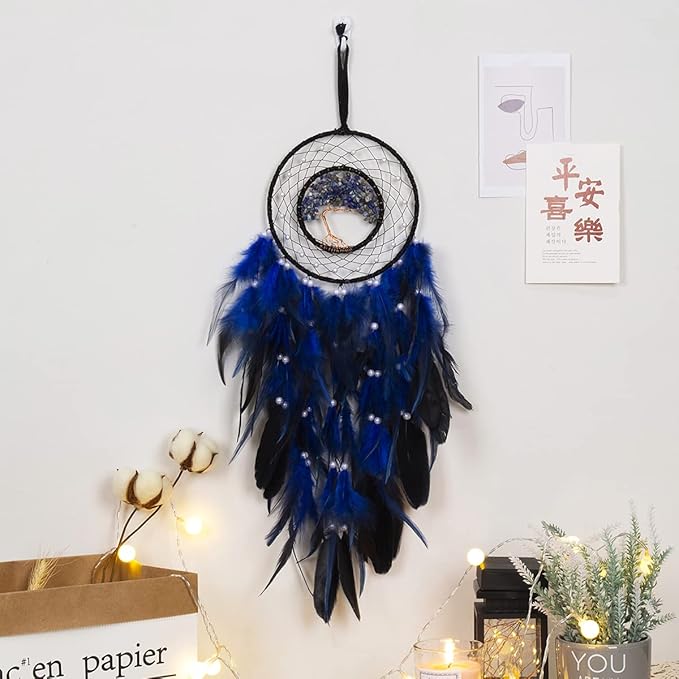 Dream Catcher, Handmade Dreamcatcher with Healing Crystal Stone, Tree of Life Dream Catchers Hanging Ornament for Home Bedroom Birthday Party, Perfect Craft Gift for Kids… (Blue)