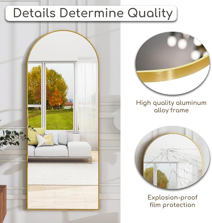 Prywot Arched Floor Mirror, 57 "x 20" Full Length Mirror Wall Mirrors Hanging or Leaning Arched-Top Full Body Mirrors with Stand for Bedroom, Dressing Room, Gold
