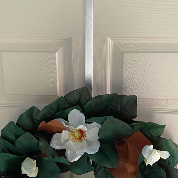 Haute Decor Dual-Sided Wreath Hanger (Glimmering Silver) - Hang Decorations on Both Sides of Your Door - Holds Even Heavy Decorations up to 20 pounds