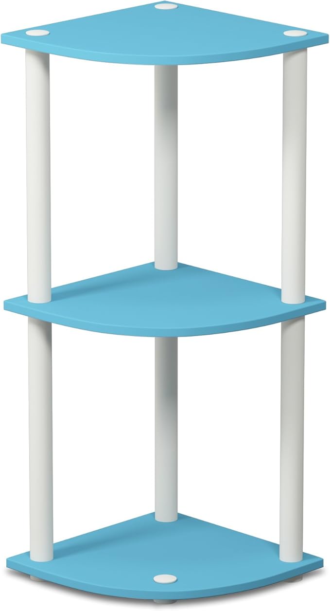 Furinno TURN-N-TUBE Corner Shelf, 3-Tier Corner Bookshelf, Display Storage Shelves with Open Shelves, for Organization and Storage, Living Room, Home Office, Garage, Light Blue