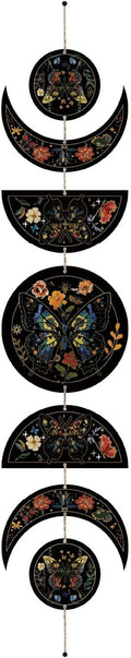 CREATCABIN 7Pcs Butterfly Flower Moon Ornaments Half Round Wood Pendant Moon Cycle Wall Hanging Wooden Moon Phase Home Boho Decor Supplies for Bedroom Farmhouse Gallery Apartment Bar 37.1x6.3in