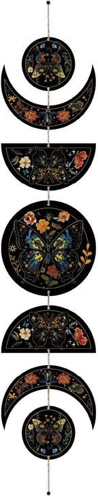 CREATCABIN 7Pcs Butterfly Flower Moon Ornaments Half Round Wood Pendant Moon Cycle Wall Hanging Wooden Moon Phase Home Boho Decor Supplies for Bedroom Farmhouse Gallery Apartment Bar 37.1x6.3in