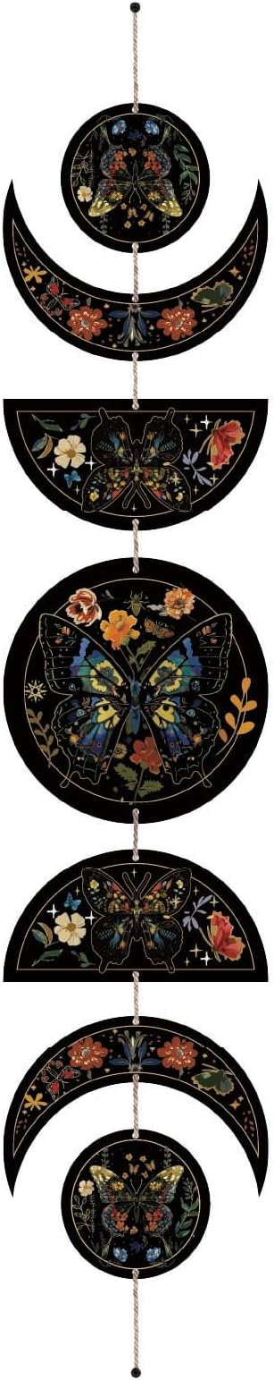 CREATCABIN 7Pcs Butterfly Flower Moon Ornaments Half Round Wood Pendant Moon Cycle Wall Hanging Wooden Moon Phase Home Boho Decor Supplies for Bedroom Farmhouse Gallery Apartment Bar 37.1x6.3in