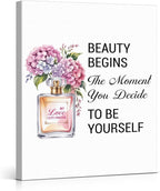 Inspirational Pink Flower Wall Art Decor for Powder Room Bedroom Bathroom, Motivational Quotes Wall Decor Canvas Painting Pictures Artwork Gift for Women Teens (8 X 10 Inches, Framed)