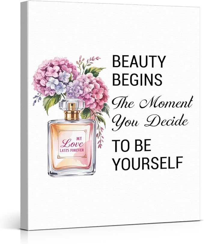 Inspirational Pink Flower Wall Art Decor for Powder Room Bedroom Bathroom, Motivational Quotes Wall Decor Canvas Painting Pictures Artwork Gift for Women Teens (8 X 10 Inches, Framed)