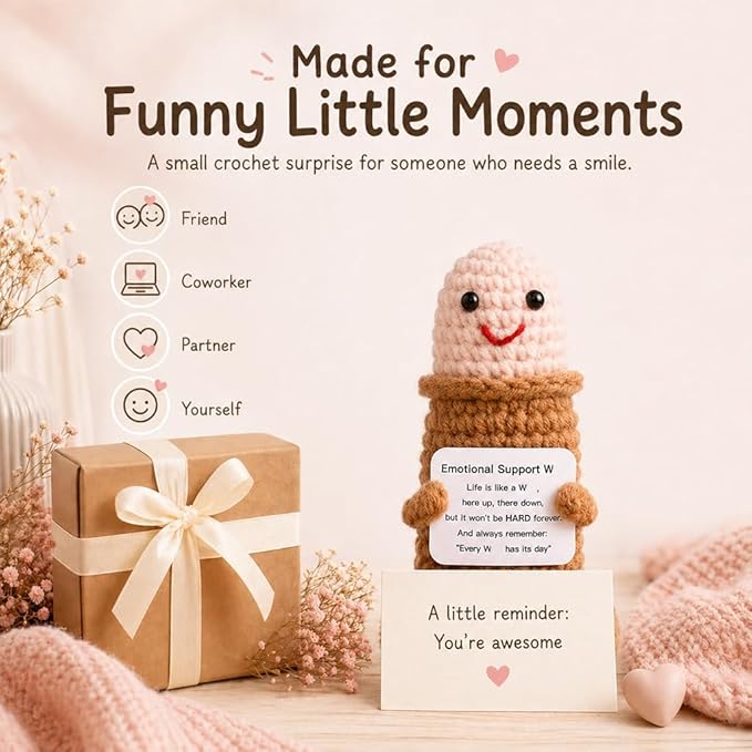 Positive Crochet Gift, Handmade Emotional Support Crochet Figure with Message Card, Knitted Keepsake Desk Decor for Women Friends Coworkers, Birthday