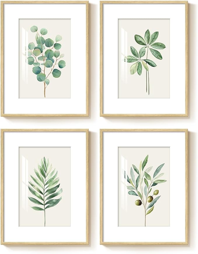 Framed Sage Green Botanical Wall Art for Bedroom, Modern Farmhouse Boho Plant Artwork for Walls, Minimalist Green White Leaf Pictures for Living Room Kitchen Dining Room Office Wall Decor, 12x16 Inch