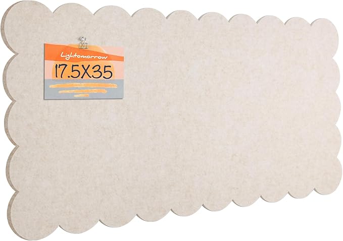 Lightomorrow Scalloped Bulletin Board, 35 x 17.5 Inches Felt Pin Board - Decorative Cork Alternative for Wall, Foldable Picture Self-Adhesive Vision Prayer Board with 20 Pushpins - Oatmeal
