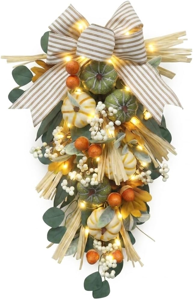 Valery Madelyn 24 inch Fall Pumpkin Teardrop Swag Autumn Harvest Door Hanger with Green & White Mini Pumpkins, Eucalyptus, Raffia, Berries and Striped Bow for Front Door Thanksgiving Table Centerpiece