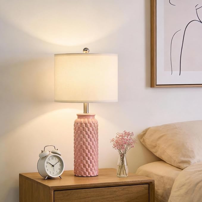 USumkky 24" Modern Ceramic Pink Bedside Lamp Set of 2 Table Lamp for Bedroom Decor Farmhouse Table Lamp for Living Room Office Dorm