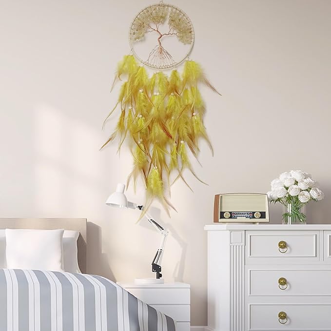 Yellow Dream Catcher Wall Decor Crystal Tree of Life Dream Catchers Handmade Feather Dreamcatcher Wall Hanging Ornament for Bedroom Living Room Home Decor
