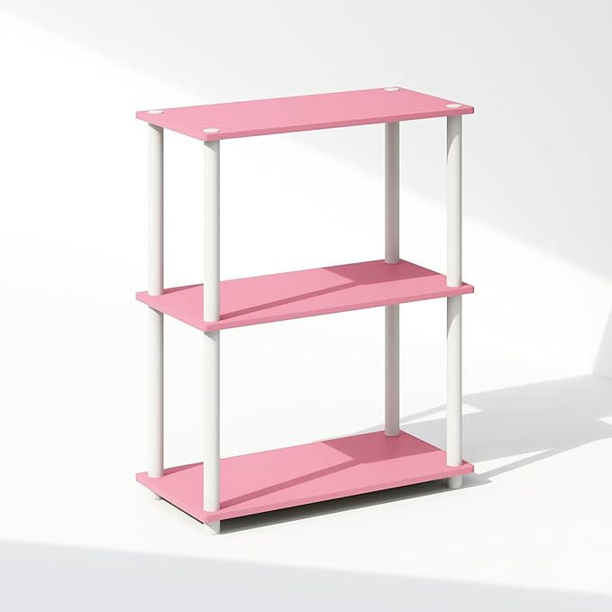 Furinno Turn-N-Tube Book Shelf, 3-Tier Bookshelf, Bookcase with Multipurpose Compact Display Rack, 11.6 x 23.6 x 29.6, for Living Room, Bedroom, Home Office, Pink/White