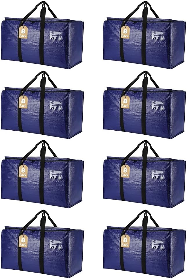 Cryster 8-Pack Heavy-Duty Clear Moving Bags – Extra Large Storage Bags with Strong Handles & Double Zippers, Totes for Storage and Packing
