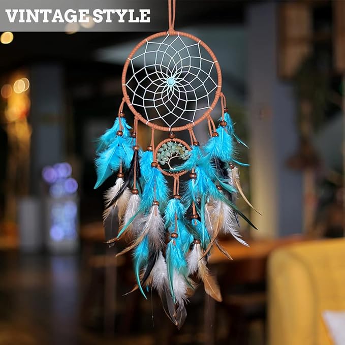 Dream Catcher, Blue Tree of Life with Feathers Dreamcatcher Wall Decor Indians Traditional Circular Net Hanging Decor for Home, Bedroom(Blue)