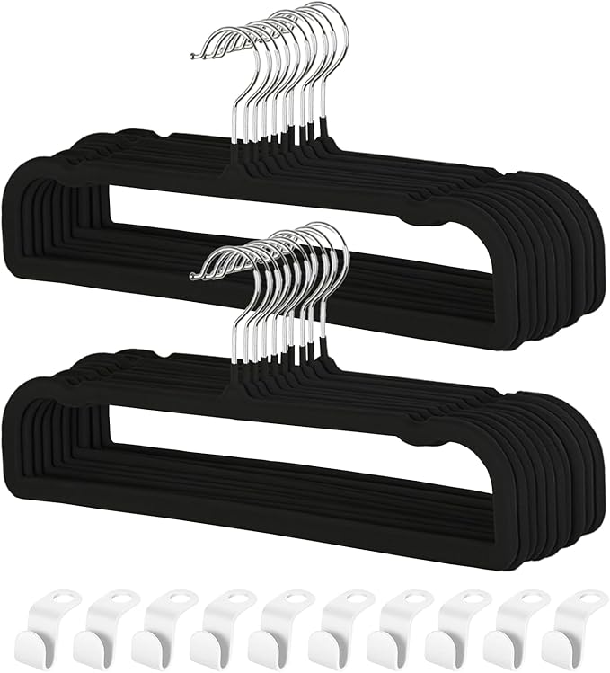 Pants Hangers Non Slip - 20 Pack Velvet Hangers for Closet - Thin Space Saving Clothes Hanger - Strong, Durable, Perchas Terciopelo with 360° Rotatable Hook for Jean, Tank Top, Bra, Shorts (Black)
