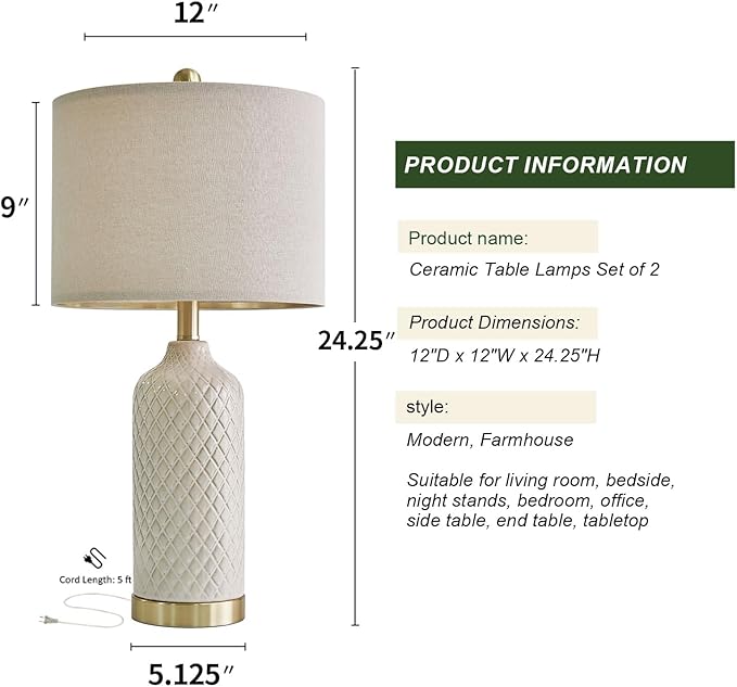 G-SAFAVA 24.25" Table Lamps Set of 2 Modern Ceramic Lamps for Living Room Bedside Lamp Gold for Night Stands Boho Bedroom Lamp Farmhouse Side End Table Lamps