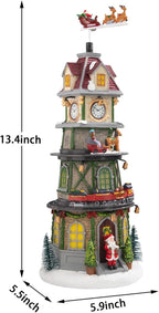 Christmas Village Houses Christmas Collectible Buildings Bell Tower with LED Lights,Xmas Vacation Village Musical with USB Indoor Display Figurines Decoration