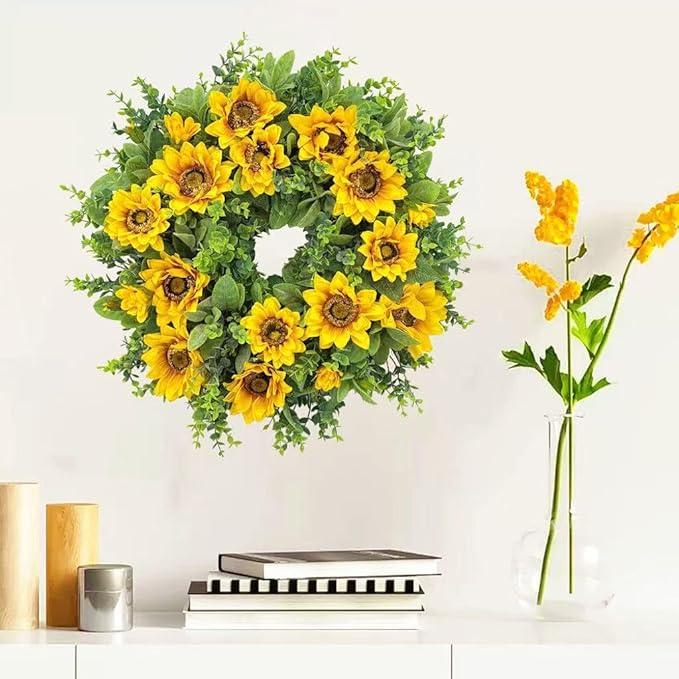 20 Inch Spring Sunflower Wreath for Front Door - Artificial Yellow Floral Front Door Decor with Sunflowers and Green Leaves, Cheerful Farmhouse Porch Indoor Outdoor for All Seasons Decor