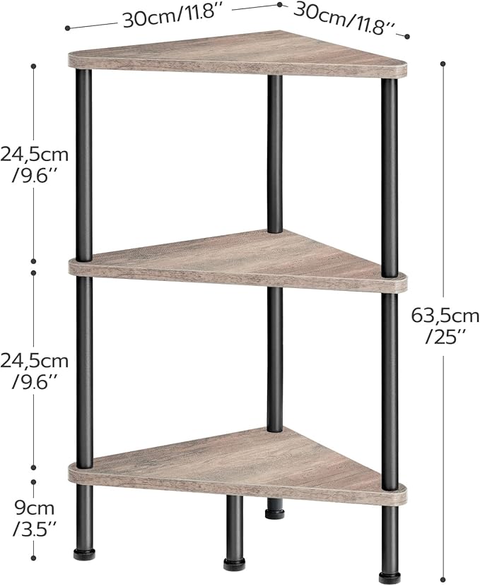 HOOBRO Corner Shelf Stand, Industrial 3-Tier Wall Corner Bookshelf with Metal Frame, Plant Display Shelf, Bookcase for Small Spaces, Living Room, Greige and Black BG30CJ01