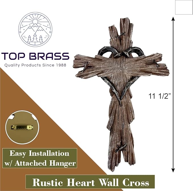 Rustic Wood-Look Resin Wall Cross with Barbed Wire & Nail Heart Accents – 11 ½” Christian Farmhouse Wall Décor, Inspirational Religious Gift (Rustic Brown)