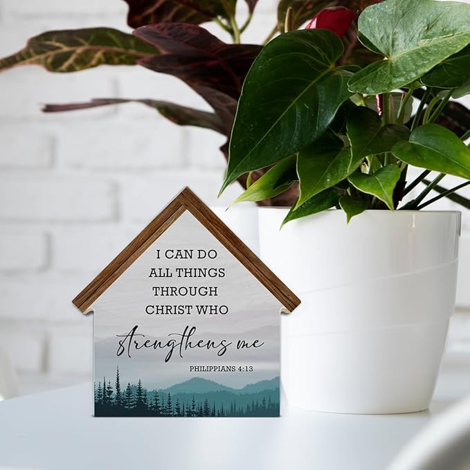I Can Do All Things Through Christ Christian Bible Verse Decor, Philippians 4:13 House Shaped Wood Sign, Christian Home Office Room Decor