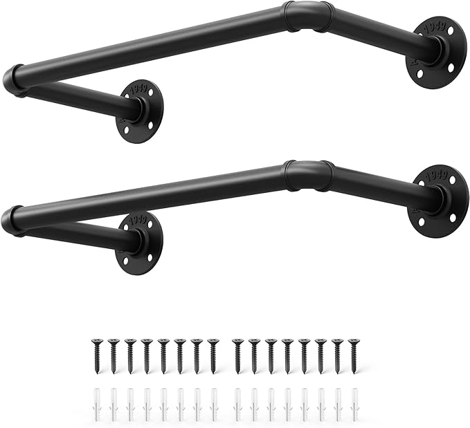 OROPY Industrial Pipe Clothes Rack 21.2” Set of 2, Heavy Duty Wall Mounted Black Iron Garment Bar, Multi-Purpose Clothing Hanging Rod for Laundry Room and Closet Storage