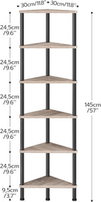 HOOBRO Corner Shelf Stand, Industrial 6-Tier Corner Bookshelf with Metal Frame, Plant Display Shelf, Bookcase for Small Spaces, Living Room, Greige and Black BG36CJ01