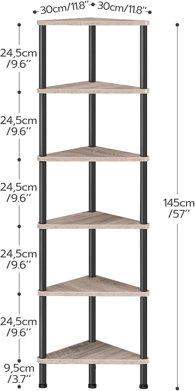 HOOBRO Corner Shelf Stand, Industrial 6-Tier Corner Bookshelf with Metal Frame, Plant Display Shelf, Bookcase for Small Spaces, Living Room, Greige and Black BG36CJ01