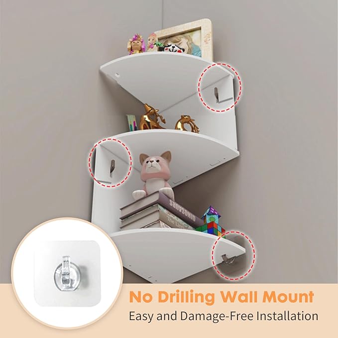 ShellKingdom Corner Shelf Wall Mount, 5 Tier Corner Bookshelf, Floating Display Shelves for Home, Living Room, Bedroom, Office, Bathroom, Small Spaces Decorations, 7.87 X 7.87 X 33.46 INCHES (White)