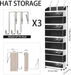 Over the Door Hat Organizer for Baseball Caps, Hold up to 60 Hats Rack Storage for Door/Closet/Wall, Clear Pockets Hanging Hat Holder for Baseball Caps with 10 Mesh Pockets, Black