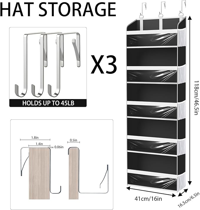 Over the Door Hat Organizer for Baseball Caps, Hold up to 60 Hats Rack Storage for Door/Closet/Wall, Clear Pockets Hanging Hat Holder for Baseball Caps with 10 Mesh Pockets, Black