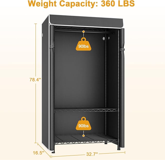 H5C Clothes Rack with Cover, Portable Closet for Hanging Clothes, Covered Clothing Racks Heavy Duty, Freestanding Garment Racks with Shelves Max Load 360LBS Black Closet Rack with Black Cover