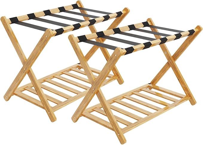 Luggage Racks, Folding Bamboo Suitcase Stand with Storage Shelf and Nylon Straps, Luggage Holders Assembled Suitcase Storage Caddy Holder for Guest Room, Hotel, Bedroom, Natural, Pack of 2