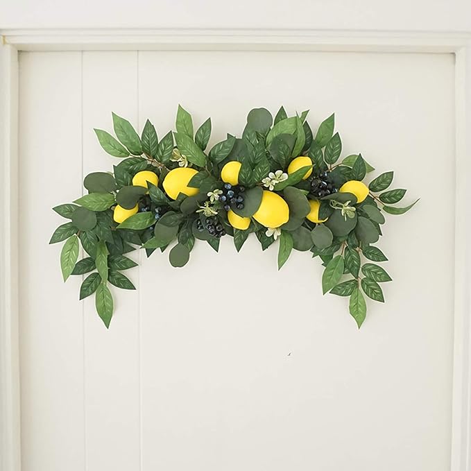 2Krmstr 30 Inch Handcrafted Flower Swag with Lemon Berry, Faux Greenery Garland Artificial Foliage Vine, Hanging Decorative Floral Swag for Wedding Arch Table Runner Front Door Decor