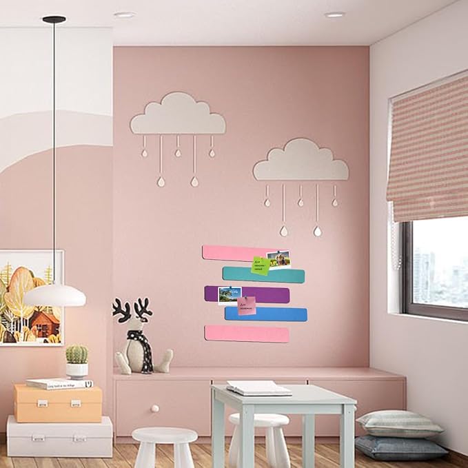 Vuzvuv 8 pcs Bulletin Board Bar Strips with 50 Pushpins & 10 Wooden Clip pins，Self Adhesive Cork Board for Wall，Felt Pin Board for School，Office Decor(Green Blue Pink Purple)