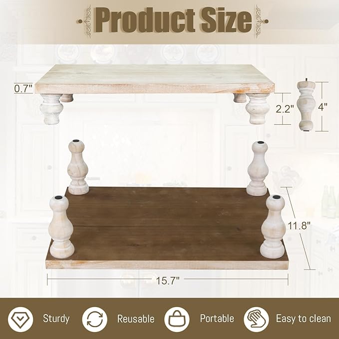 MAONAME Decorative Wooden Display Riser, Farmhouse Wood Pedestal Stand for Display, Rustic Wash White Tray Riser for Kitchen, Home Table Decor, Short and Tall Footed