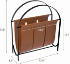 MyGift Black Metal and Caramel Brown Leatherette Magazine Rack – Tabletop or Floor Standing Sling Basket for Magazines, Newspapers, and Books