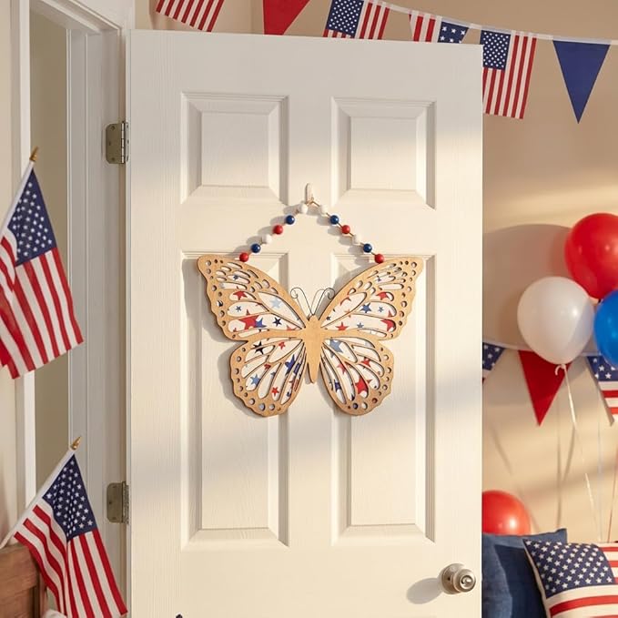 Valery Madelyn 4th of July Wreath, Patriotic Wreath for Front Door, Red White and Blue Butterfly Decor, Wooden Americana Sign for 4th of July Independence Day USA 250th Anniversary, 16 Inch