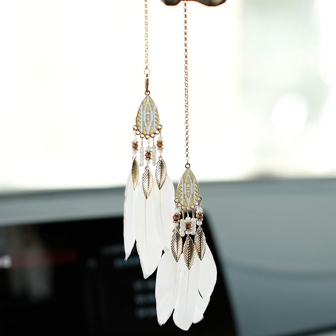 Mini Dream Catcher Car Interior Rearview Mirror Hanging Decor Nature Feather Small Boho Car Charms Pendant Accessories (New White)