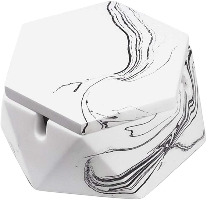 FREELOVE Concrete Ashtray with Lid & Stainless Steel Ashtrays for Cigarettes, Cement Ash Tray Smoking Holder Indoor Smokeless Outdoor Windproof Patio Home Office Cool Decor(White Marble, Small)